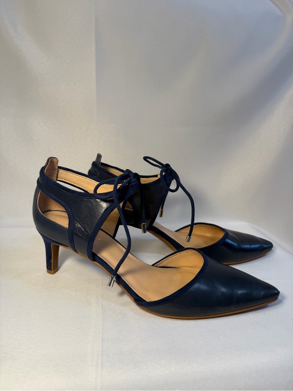 Franco Sarto Leather Navy Pointed Toe Lace-Up Kitten Heels